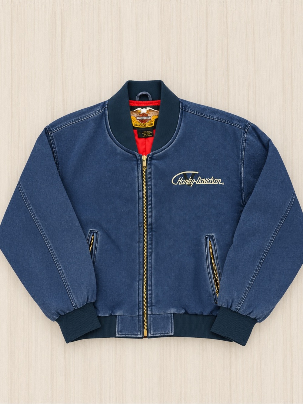 Harley Davidson Blue Denim Motorcycle Bomber V-Twin Power Jacket men’s size Larg